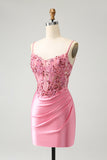 Sparkly Corset Pink Tight Short Homecoming Dress with Beadings