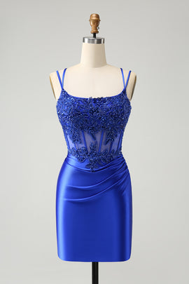 Sparkly Corset Royal Blue Floral Tight Short Homecoming Dress with Beadings