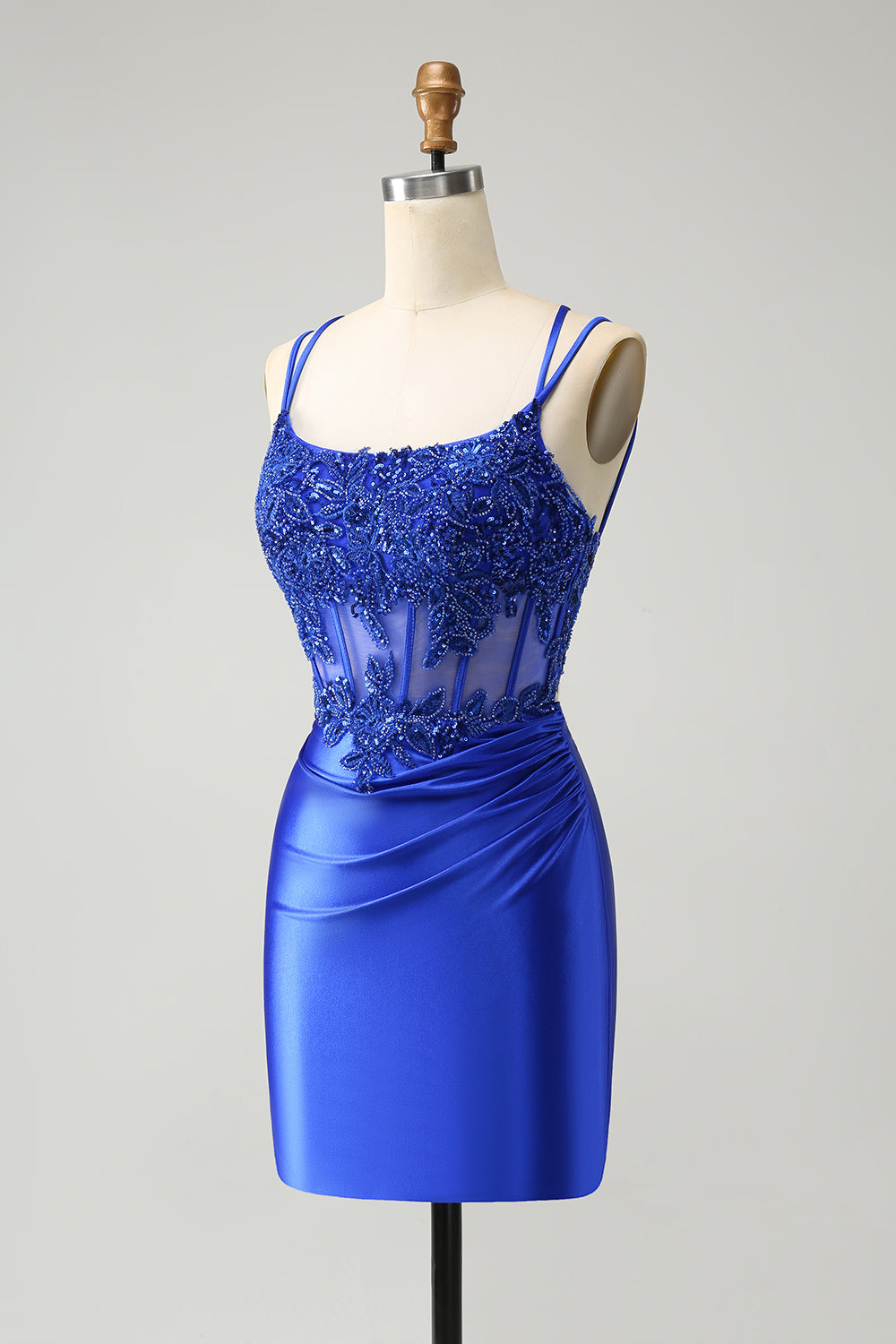 Sparkly Corset Royal Blue Floral Tight Short Homecoming Dress with Beadings