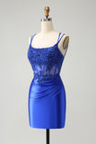 Sparkly Corset Royal Blue Floral Tight Short Homecoming Dress with Beadings