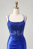 Sparkly Corset Royal Blue Floral Tight Short Homecoming Dress with Beadings