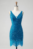 Sparkly Sage Bodycon V Neck Sequin Short Homecoming Dress with Tassel