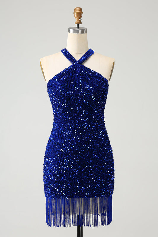 Sparkly Royal Blue Bodycon Halter Sequin Short Homecoming Dress with Tassel