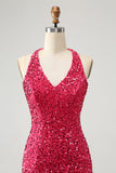 Sparkly Fuchsia Sequins Halter Short Bodycon Homecoming Dress with Tassels