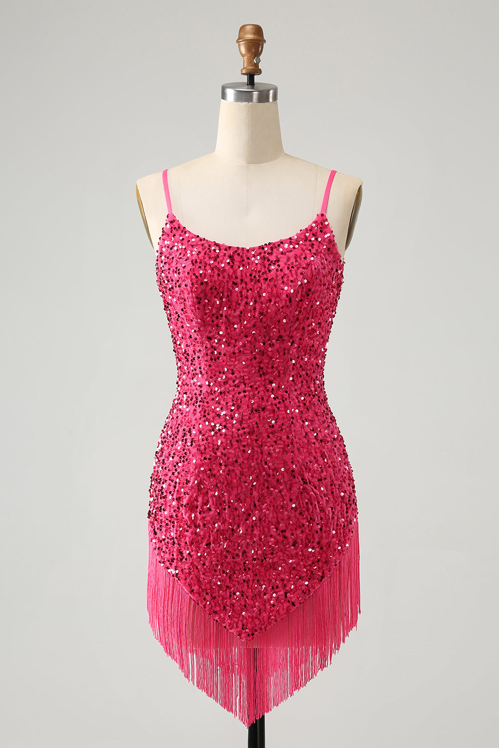 Fuchsia Sequins Spaghetti Straps Short Homecoming Dress with Tassels