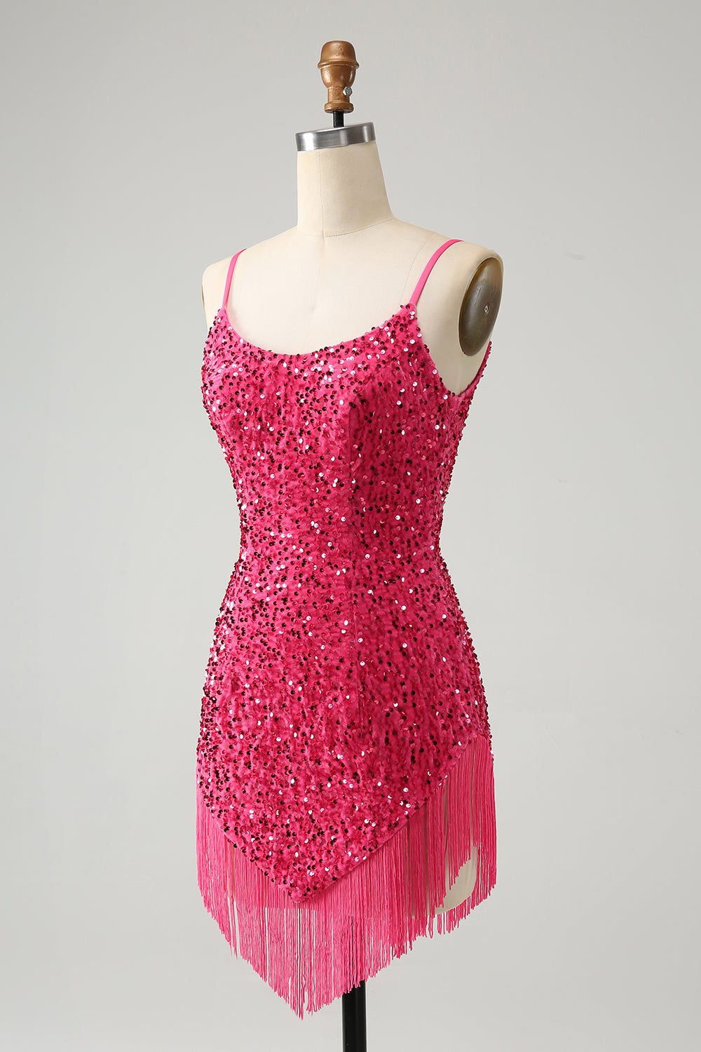 Fuchsia Sequins Spaghetti Straps Short Homecoming Dress with Tassels