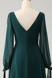 A Line Dark Green Bateau Neck Chiffon Bridesmaid Dress with Slit