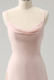 Pink Spaghetti Straps Cowl Neck Chiffon Bridesmaid Dress