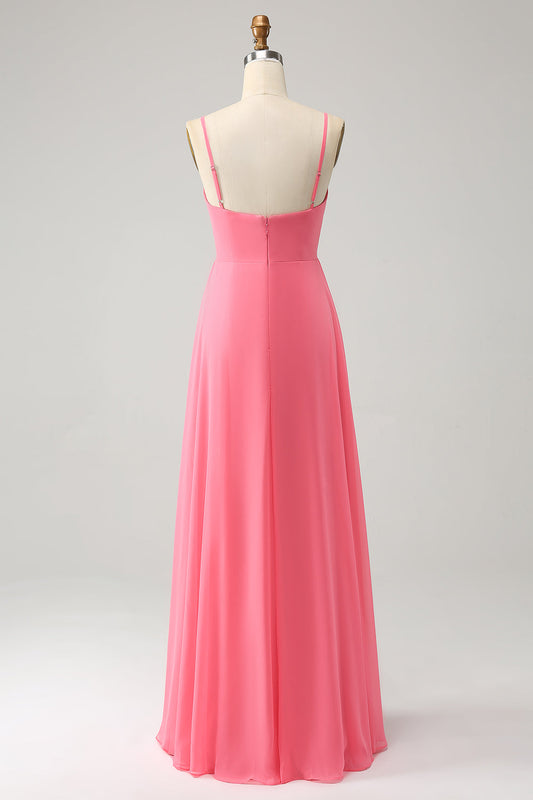 Coral A Line V Neck Spaghetti Straps Chiffon Long Bridesmaid Dress With Slit