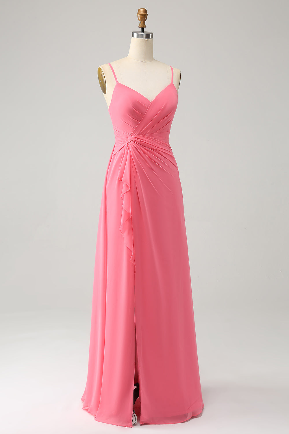 Coral A Line V Neck Spaghetti Straps Chiffon Long Bridesmaid Dress With Slit