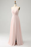 Pink A Line V Neck Chiffon Long Bridesmaid Dress with Slit