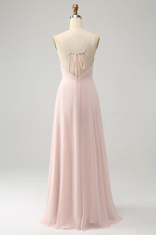 Pink A Line V Neck Chiffon Long Bridesmaid Dress with Slit