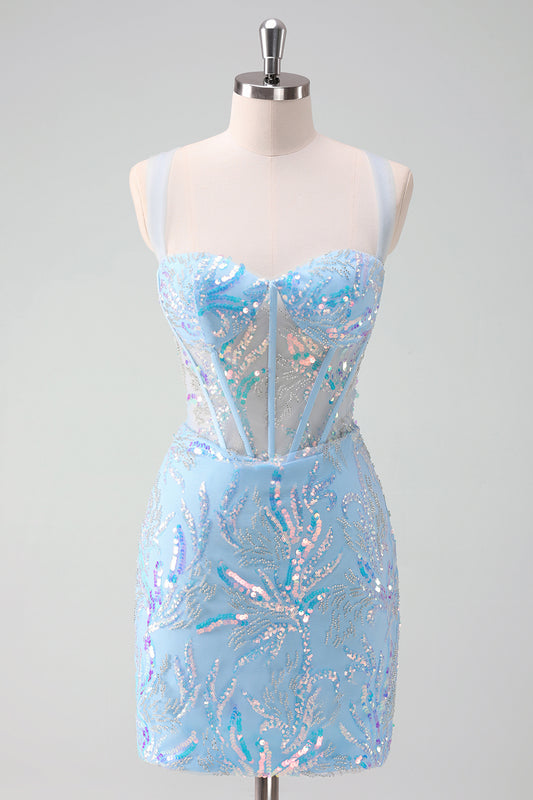 Sparkly Light Blue Corset Tight Short Homecoming Dress