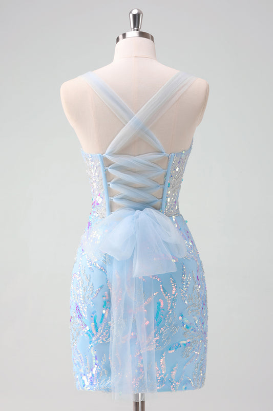 Sparkly Light Blue Corset Tight Short Homecoming Dress