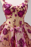 Sparkly Fuchsia A Line Corset Long Homecoming Dress with Sequins