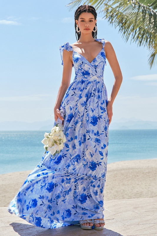 Blue Floral A-Line Bridesmaid Dress with Ruffles