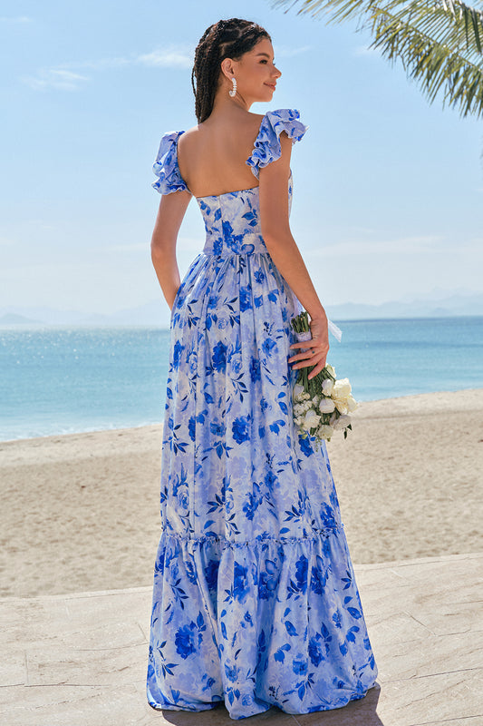 Blue Floral A-Line Bridesmaid Dress with Ruffles