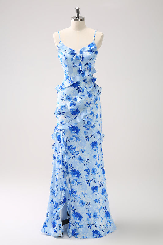 Blue Floral Spaghetti Straps Long Bridesmaid Dress With Slit