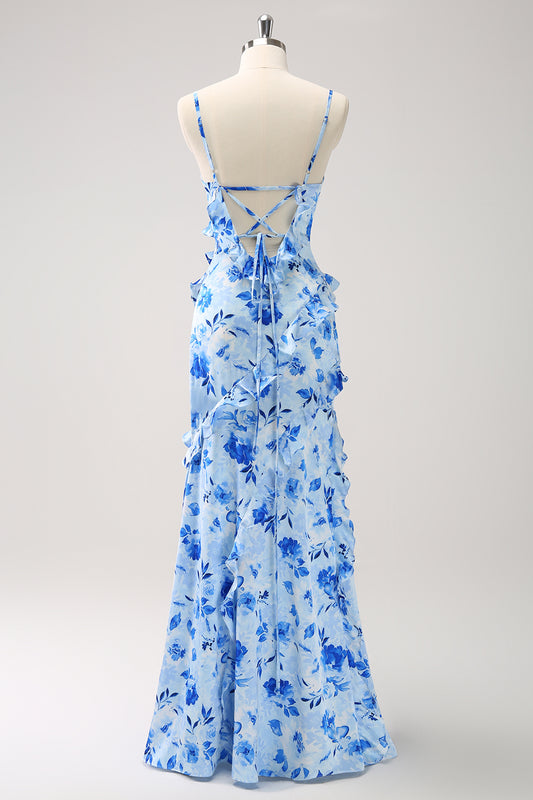 Blue Floral Spaghetti Straps Long Bridesmaid Dress With Slit