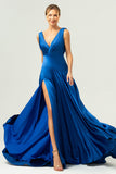 Satin Ink Blue Long Bridesmaid Dress with Slit