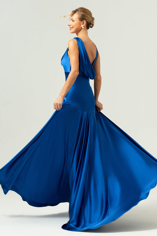 Ink Blue Satin Long Bridesmaid Dress with Slit