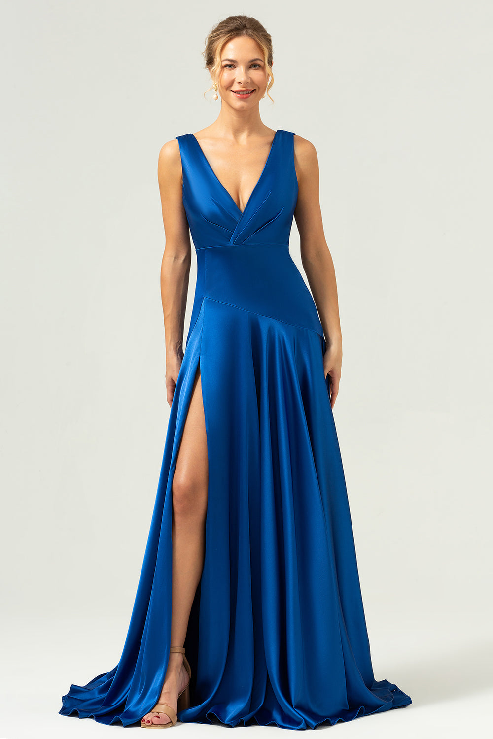 Ink Blue Satin Long Bridesmaid Dress with Slit