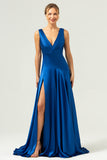 Ink Blue Satin Long Bridesmaid Dress with Slit