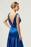 Ink Blue Satin Long Bridesmaid Dress with Slit