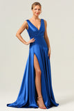 Ink Blue Satin Long Bridesmaid Dress with Slit