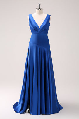 Satin Ink Blue Long Bridesmaid Dress with Slit