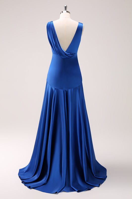 Satin Ink Blue Long Bridesmaid Dress with Slit