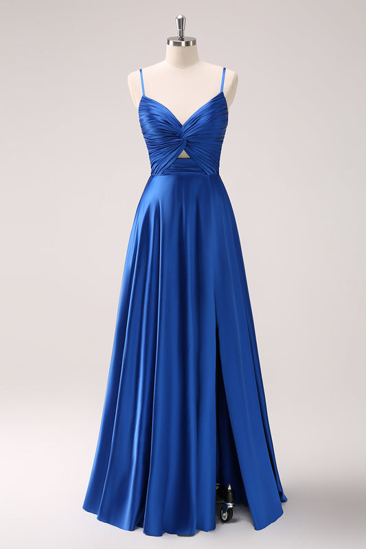 Satin Ink Blue Spaghetti Straps Long Bridesmaid Dress with Slit