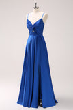 Satin Ink Blue Spaghetti Straps Long Bridesmaid Dress with Slit