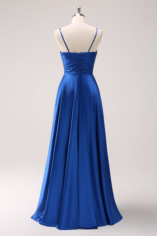 Satin Ink Blue Spaghetti Straps Long Bridesmaid Dress with Slit