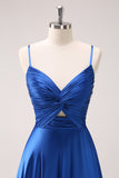 Satin Ink Blue Spaghetti Straps Long Bridesmaid Dress with Slit