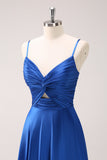 Satin Ink Blue Spaghetti Straps Long Bridesmaid Dress with Slit