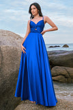 Spaghetti Straps Satin Ink Blue Long Bridesmaid Dress with Slit