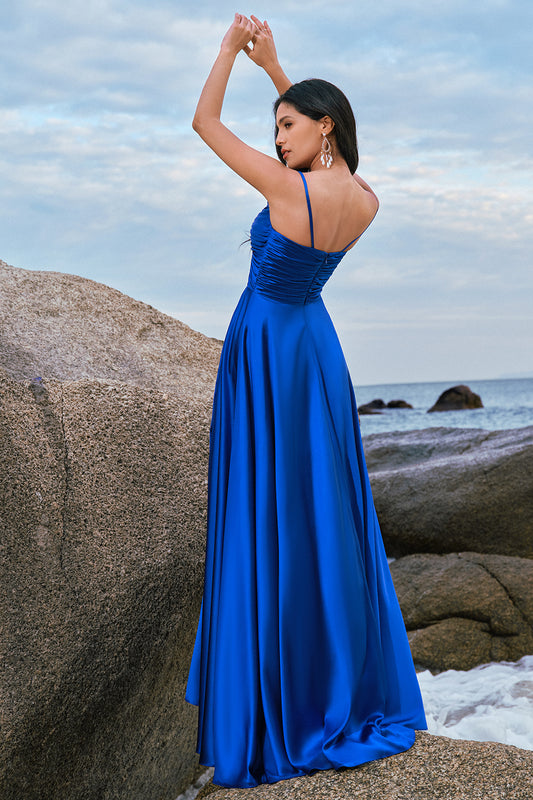 Spaghetti Straps Satin Ink Blue Long Bridesmaid Dress with Slit