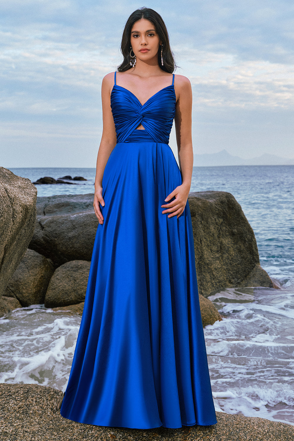 Spaghetti Straps Satin Ink Blue Long Bridesmaid Dress with Slit