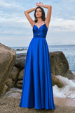 Spaghetti Straps Satin Ink Blue Long Bridesmaid Dress with Slit