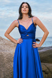 Spaghetti Straps Satin Ink Blue Long Bridesmaid Dress with Slit