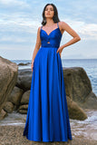 Spaghetti Straps Satin Ink Blue Long Bridesmaid Dress with Slit