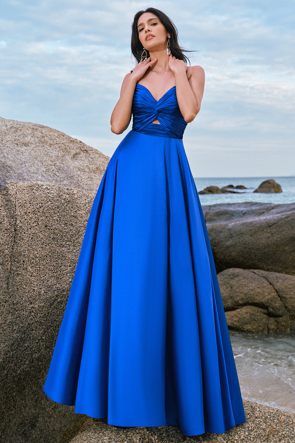 Spaghetti Straps Satin Ink Blue Long Bridesmaid Dress with Slit