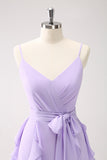 Lilac Chiffon Spaghetti Straps Long Bridesmaid Dress With Slit