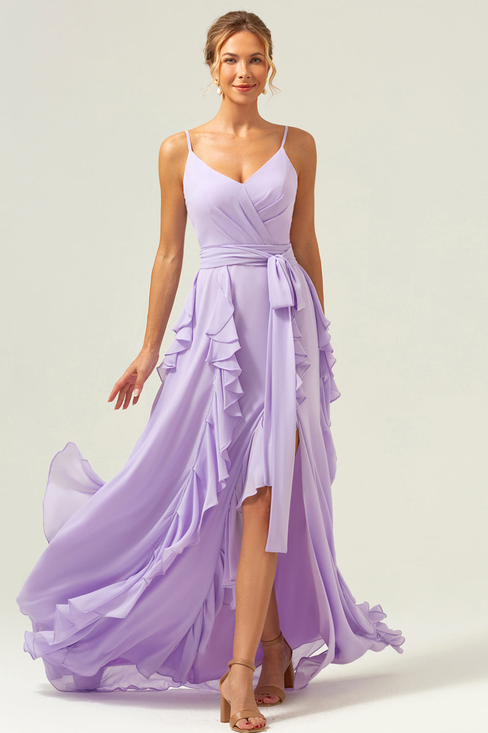 Lilac A-Line Spaghetti Straps Long Bridesmaid Dress With Slit