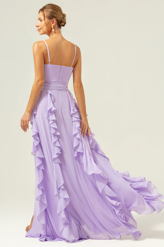 Lilac A-Line Spaghetti Straps Long Bridesmaid Dress With Slit