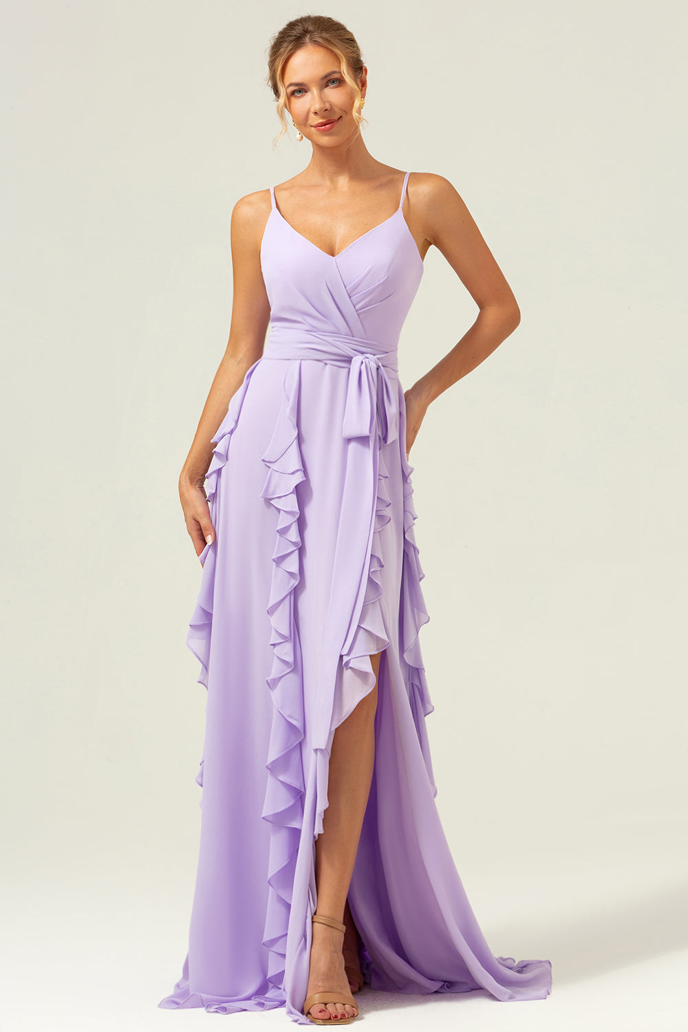 Lilac A-Line Spaghetti Straps Long Bridesmaid Dress With Slit