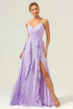 Lilac A-Line Spaghetti Straps Long Bridesmaid Dress With Slit