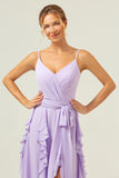 Lilac A-Line Spaghetti Straps Long Bridesmaid Dress With Slit