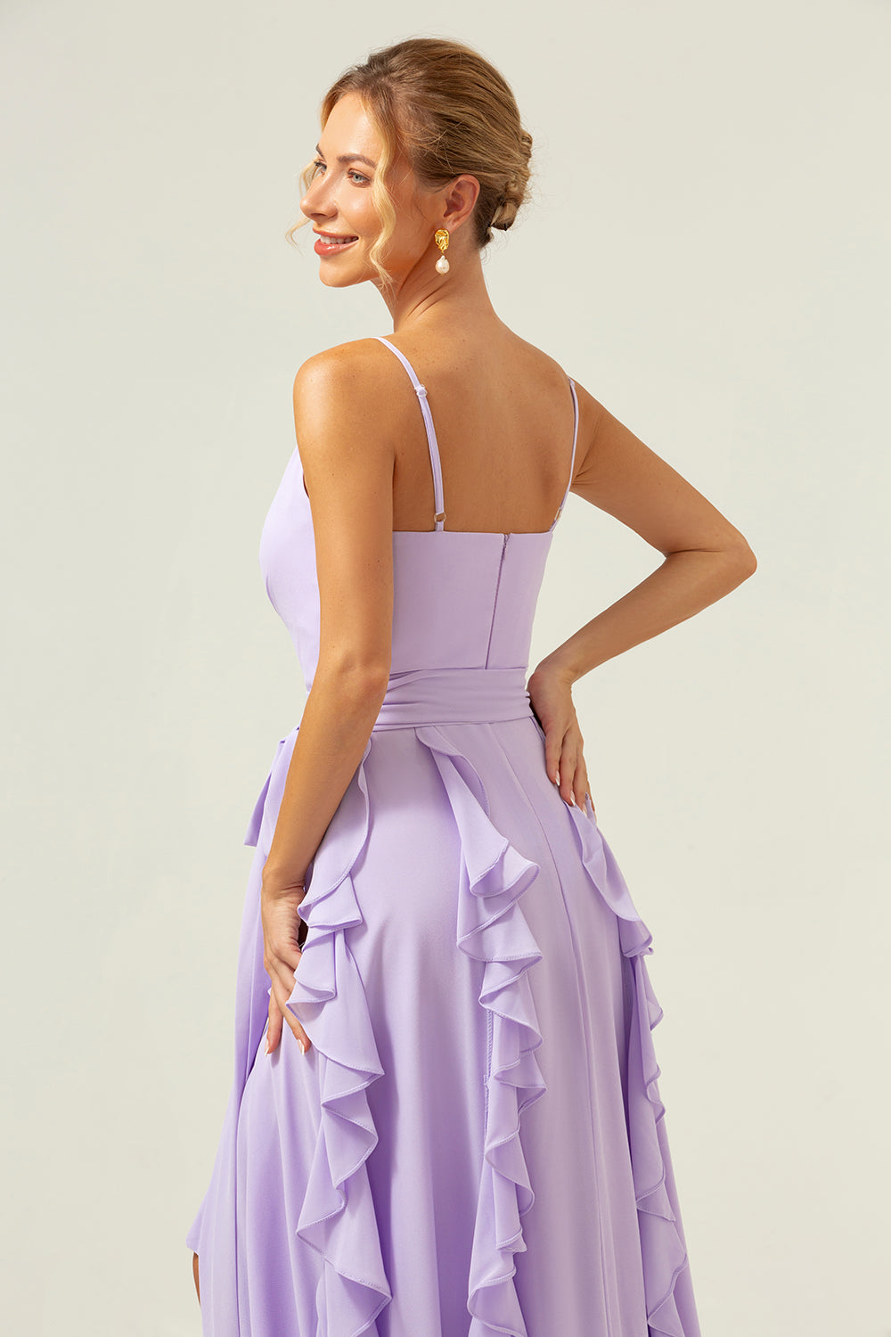 Lilac A-Line Spaghetti Straps Long Bridesmaid Dress With Slit